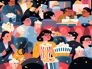 许多人在电影院观影吃爆米花场景
